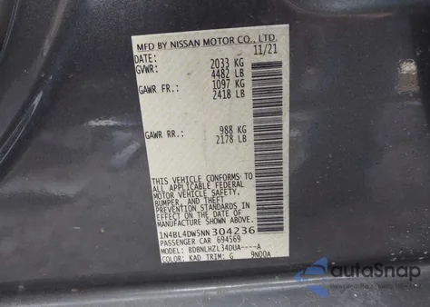 2022 Nissan Altima Sv Intelligent Awd z USA, uszkodzony, nr VIN 1N4BL4DW5NN304236